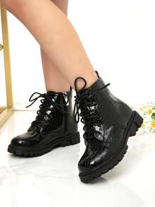 Girls Snakeskin Embossed Lace-up Front Zipper Side Combat Boots - Black - View 3