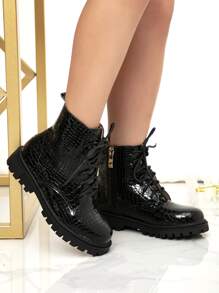 Girls Snakeskin Embossed Lace-up Front Zipper Side Combat Boots - Black - View 4