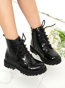 Girls Snakeskin Embossed Lace-up Front Zipper Side Combat Boots - Black - View 5