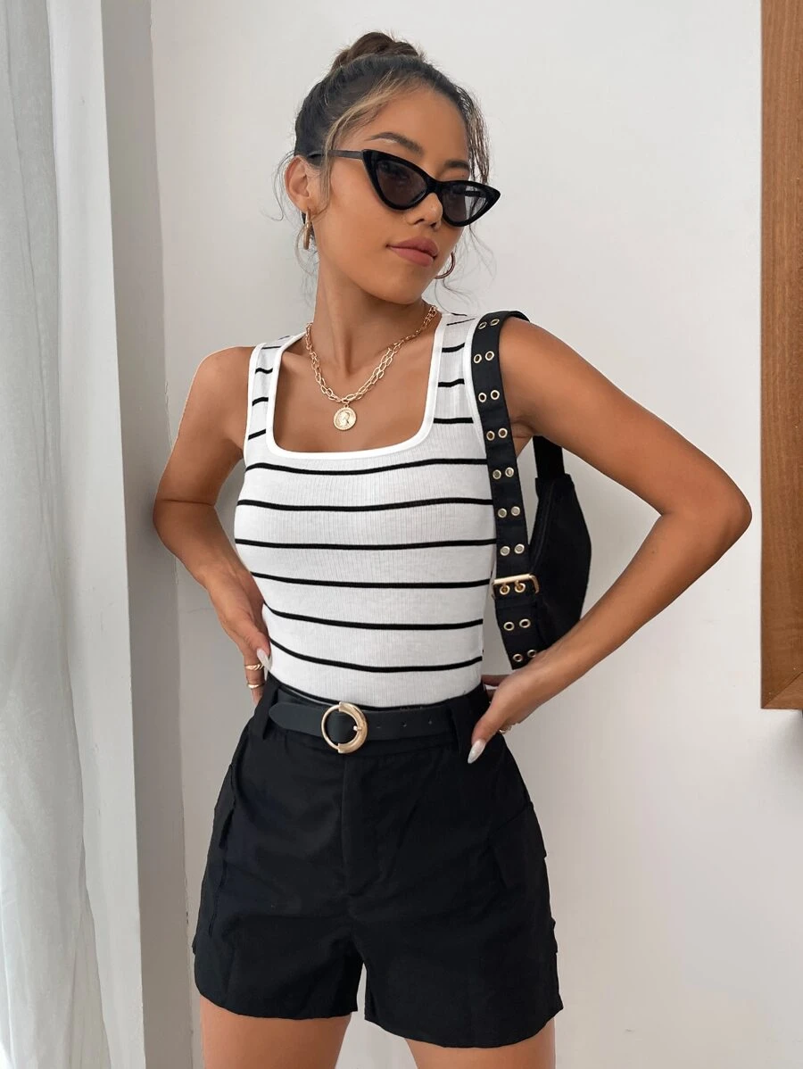 SHEIN EZwear Striped Print Tank Top - White - View 1