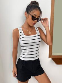 SHEIN EZwear Striped Print Tank Top - White - View 6