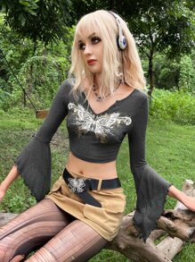 ROMWE PUNK Grunge Butterfly Print Lettuce Trim Flounce Sleeve Crop Tee - Dark Grey - View 1