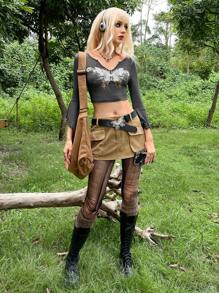 ROMWE PUNK Grunge Butterfly Print Lettuce Trim Flounce Sleeve Crop Tee - Dark Grey - View 4