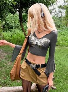 ROMWE PUNK Grunge Butterfly Print Lettuce Trim Flounce Sleeve Crop Tee - Dark Grey - View 5