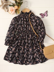 SHEIN Đầm bé gái viền lá sen Dải chun Hoa Tất cả trên in Ăn mặc đẹp - màu đen - Xem 1