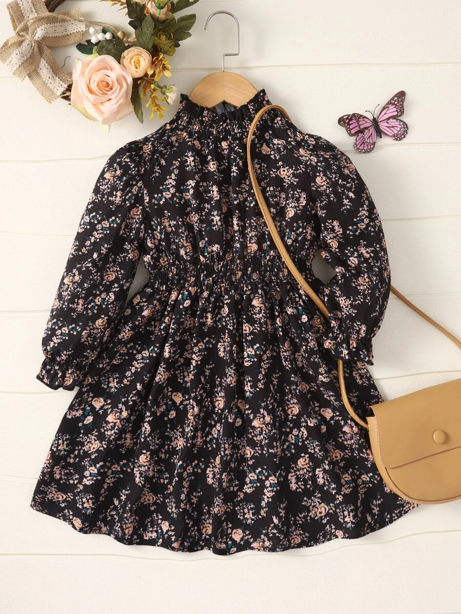 SHEIN Đầm bé gái viền lá sen Dải chun Hoa Tất cả trên in Ăn mặc đẹp - màu đen - Xem 1