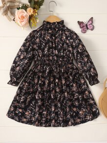 SHEIN Đầm bé gái viền lá sen Dải chun Hoa Tất cả trên in Ăn mặc đẹp - màu đen - Xem 2