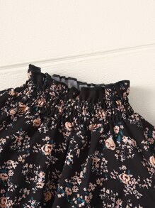 SHEIN Đầm bé gái viền lá sen Dải chun Hoa Tất cả trên in Ăn mặc đẹp - màu đen - Xem 3