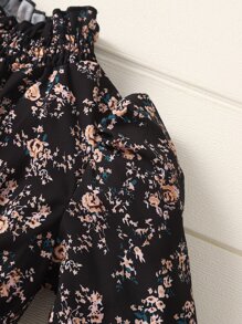 SHEIN Đầm bé gái viền lá sen Dải chun Hoa Tất cả trên in Ăn mặc đẹp - màu đen - Xem 6