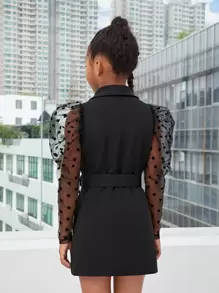 SHEIN Leap Crew 青少年女孩披肩式杜比網紗半球袖腰帶連衣裙 - 黑色 - 查看 2