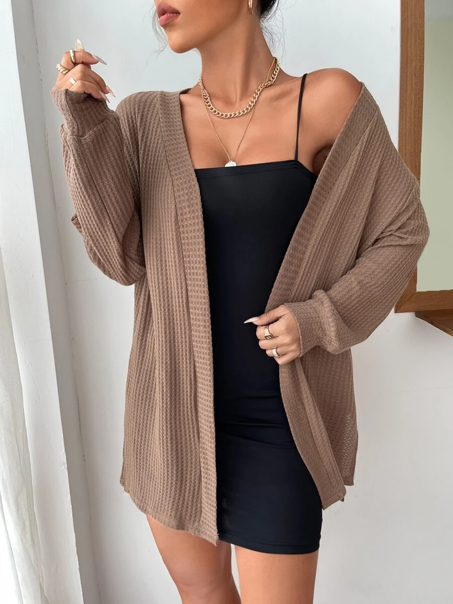 SHEIN Essnce Waffle Knit Split Hem Drop Shoulder Coat - Brown - View 1