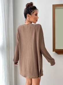 SHEIN Essnce Waffle Knit Split Hem Drop Shoulder Coat - Brown - View 2