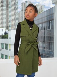 SHEIN 女孩西裝領無袖腰帶風衣外套