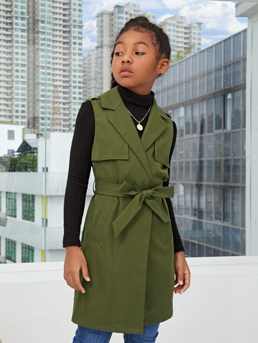 SHEIN 女孩西裝領無袖腰帶風衣外套