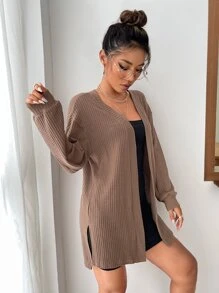 SHEIN Essnce Waffle Knit Split Hem Drop Shoulder Coat - Brown - View 5