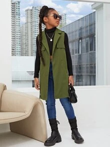 SHEIN 女孩西裝領無袖腰帶風衣外套