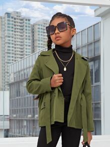 SHEIN 女孩翻蓋口袋雙排釦連帽腰帶風衣外套