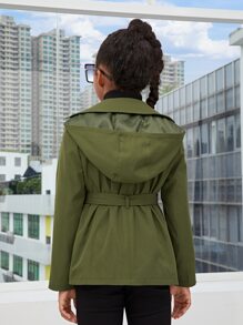 SHEIN 女孩翻蓋口袋雙排釦連帽腰帶風衣外套