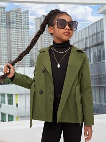 SHEIN 女孩翻蓋口袋雙排釦連帽腰帶風衣外套