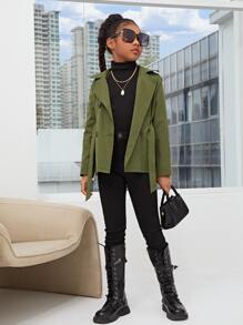 SHEIN 女孩翻蓋口袋雙排釦連帽腰帶風衣外套