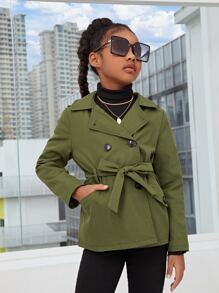 SHEIN 女孩翻蓋口袋雙排釦連帽腰帶風衣外套