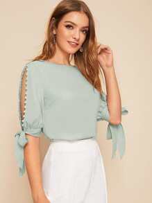 SHEIN Privé 結飾開衩袖珍珠串珠上衣 - 薄荷綠 - 查看 1