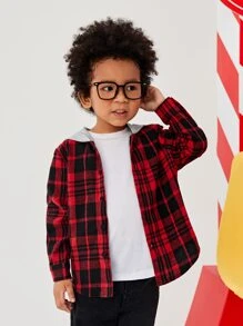 SHEIN Toddler Boys Plaid Print Hooded Shirt - Multicolor - View 1