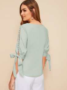 SHEIN Privé 結飾開衩袖珍珠串珠上衣 - 薄荷綠 - 查看 2