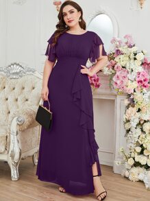 SHEIN Belle 大碼蝴蝶袖荷葉邊高衩雪紡伴娘連衣裙