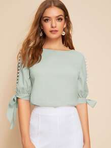 SHEIN Privé 結飾開衩袖珍珠串珠上衣 - 薄荷綠 - 查看 4