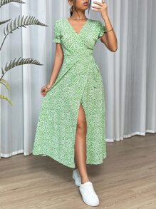 SHEIN VCAY Vestido largo verde con diseño floral de primavera, con nudo lateral y envoltura