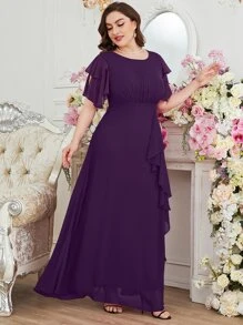 SHEIN Belle 大碼蝴蝶袖荷葉邊高衩雪紡伴娘連衣裙