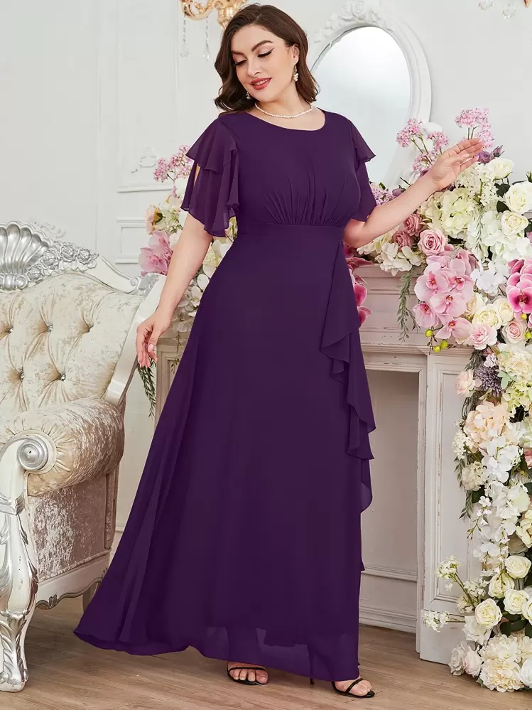 SHEIN Belle Plus Flounce Sleeve Ruffle Trim Split Thigh Chiffon Bridesmaid Dress Fancy Dress Elegant Formal Evening Prom Wedding Guest Gown, For Graduation, Dinner Party Dress - Purple - View 4