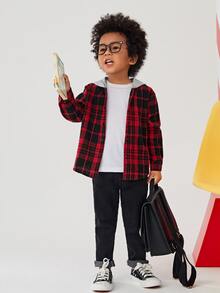 SHEIN Toddler Boys Plaid Print Hooded Shirt - Multicolor - View 8