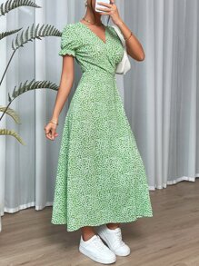 SHEIN VCAY Vestido largo verde con diseño floral de primavera, con nudo lateral y envoltura