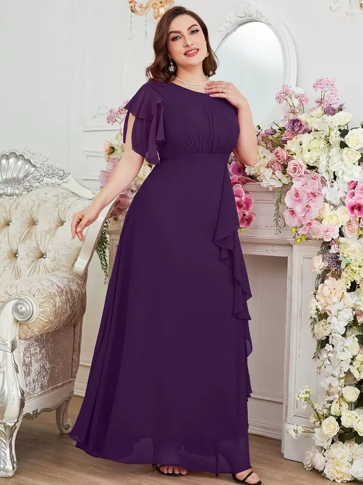 SHEIN Belle Plus Flounce Sleeve Ruffle Trim Split Thigh Chiffon Bridesmaid Dress Fancy Dress Elegant Formal Evening Prom Wedding Guest Gown, For Graduation, Dinner Party Dress - Purple - View 5