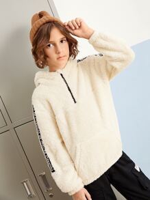 SHEIN Boys Letter Tape Teddy Sweatshirt - Beige - View 1