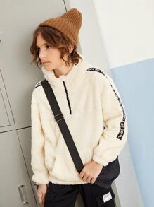 SHEIN Boys Letter Tape Teddy Sweatshirt - Beige - View 6