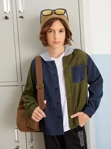 SHEIN Boys Colourblock Hooded Shirt - Multicolor - View 1