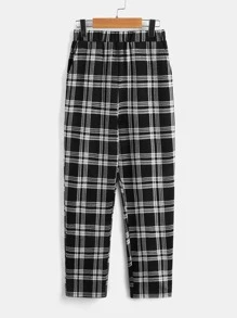 SHEIN 格紋印花彈性腰帶帶斜口袋男童褲子 - 黑與白 - 查看 3