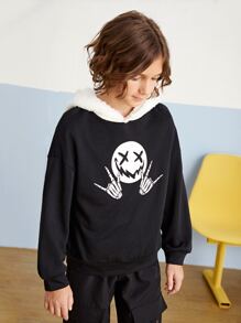 SHEIN 青少年男孩卡通脸印花落肩卫衣 - 黑色 - 查看 1