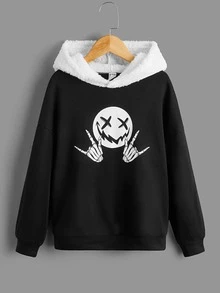 SHEIN 青少年男孩卡通脸印花落肩卫衣 - 黑色 - 查看 2