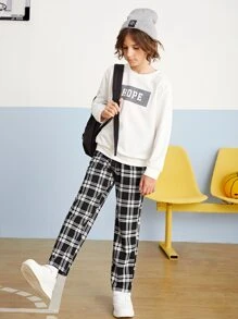 SHEIN 格紋印花彈性腰帶帶斜口袋男童褲子 - 黑與白 - 查看 5