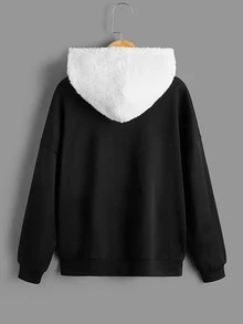 SHEIN 青少年男孩卡通脸印花落肩卫衣 - 黑色 - 查看 3