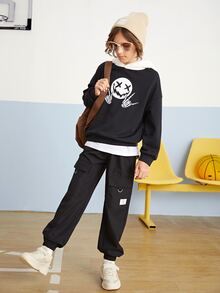 SHEIN 青少年男孩卡通脸印花落肩卫衣 - 黑色 - 查看 4