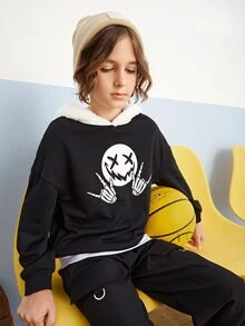 SHEIN 青少年男孩卡通脸印花落肩卫衣 - 黑色 - 查看 7