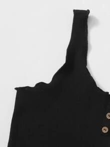 SHEIN Essnce Áo hai dây Plus Size Xù nhỏ Nút phía trước màu trơn Giải trí - màu đen - Xem 4