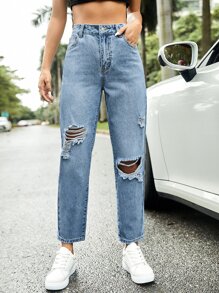 Ripped Mom Fit Jeans - Light Wash - View 1