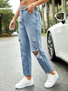 Ripped Mom Fit Jeans - Light Wash - View 3