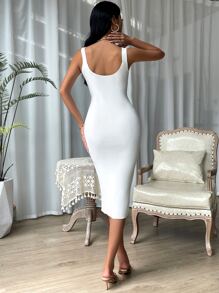 SHEIN Privé Slit Thigh Ribbed Knit Jumper Dress - White - View 2